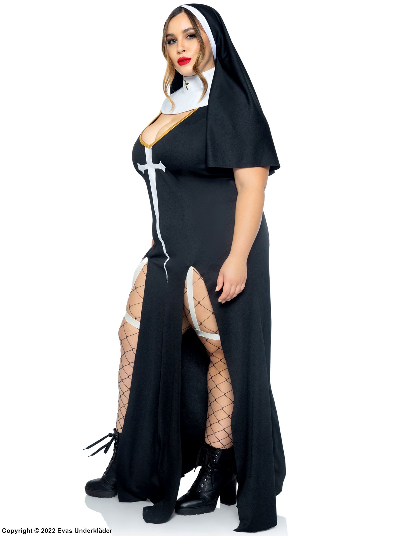 Nunna, maskeradklänning med hög slits och inbyggda strumpebandshängslen, kristet kors, plus size